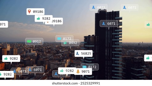 Social media engagement image over cityscape with tall building. Networking, digital, internet, technology, interaction, online - Powered by Shutterstock