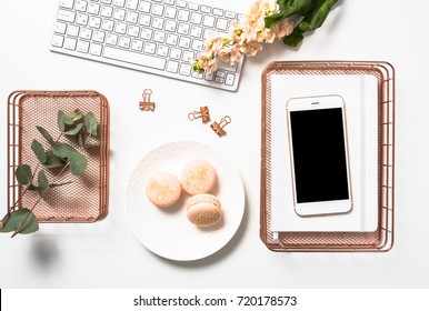 Social Media Feminine Flat Lay With Orange Macaroons, Flowers An