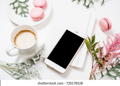 Social Media Flat Lay With Coffee, Flowers And Smartphone