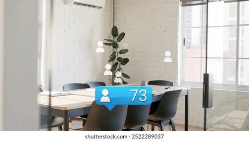 Social media follower count image over empty modern office with plant and chairs. Digital, followers, technology, interior, corporate - Powered by Shutterstock - Get 15% off with code: PIKWIZARD15