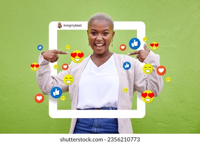 Social media, icon and influencer woman content, profile or frame for love emoji, fan page or app. Portrait of excited African person for online post, like notification or overlay on green background - Powered by Shutterstock