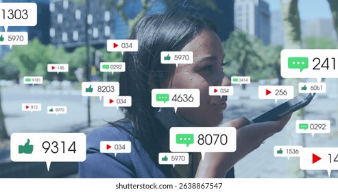 Social media icons and digital icons over increasing numbers against cityscape. Global social media connections and digital interface concept digitally generated image.