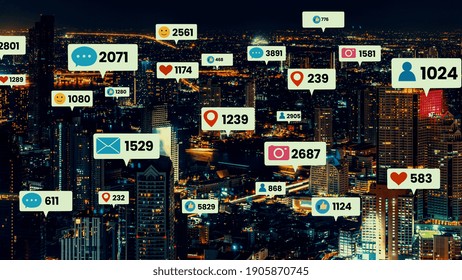 Social Media Icons Fly Over City Downtown Showing People Engagement Connection Through Social Network Application Platform . Concept For Online Community And Social Media Marketing Strategy .