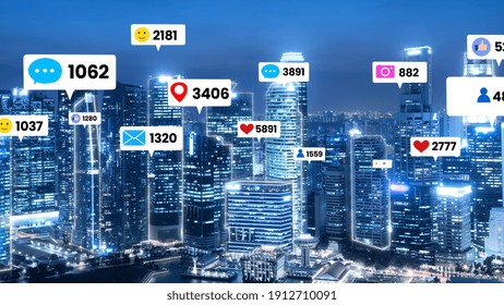 Social Media Icons Fly Over City Downtown Showing People Engagement Connection Through Social Network Application Platform . Concept For Online Community And Social Media Marketing Strategy .