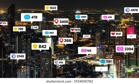 Social Media Icons Fly Over City Downtown Showing People Engagement Connection Through Social Network Application Platform . Concept For Online Community And Social Media Marketing Strategy .