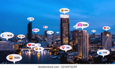 Social Media Icons Fly Over City Downtown Showing People Reciprocity Connection Through Social Network Application Platform . Concept For Online Community And Social Media Marketing Strategy .