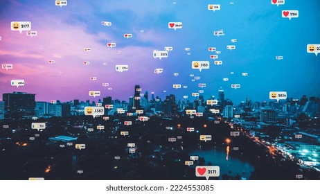 Social media icons fly over city downtown showing people reciprocity connection through social network application platform . Concept for online community and social media marketing strategy . - Powered by Shutterstock - Get 15% off with code: PIKWIZARD15