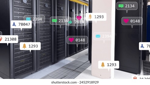 Social media icons and notifications processing data over computer server room. Social media, communication network, data and digital interface technology, digitally generated image. - Powered by Shutterstock