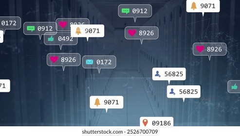 Social media icons and notifications processing data over computer server room. Social media, communication networks and digital interface technology, digitally generated image. - Powered by Shutterstock