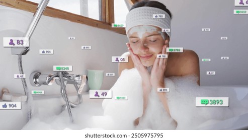 Social media interaction image over woman relaxing in bubble bath. Relaxation, self-care, leisure, bathroom, wellness, technology - Powered by Shutterstock