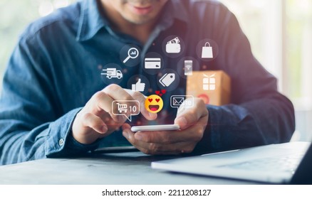 Social Media Interactions On Mobile Phones With Notification Icons Of Like, Message, Email Comments Above Smartphone Screen, Internet Digital Marketing Online Shopping Social Media Network Concept