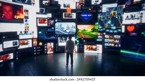 Social Media Internet Web Concept: Caucasian Man Browsing Network of Websites, Online Games, Communities And Viral Videos. Animated Visualization Of Digital Interface Stream With Entertaining Content. - Powered by Shutterstock