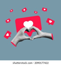 Social media like icons. Contemporary art collage of hands making heart shape isolated over gray background. Concept of social meadia addiction, popularity, influence, modern lifestyle and ad