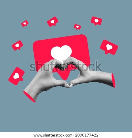 Social media like icons. Contemporary art collage of hands making heart shape isolated over gray background. Concept of social meadia addiction, popularity, influence, modern lifestyle and ad