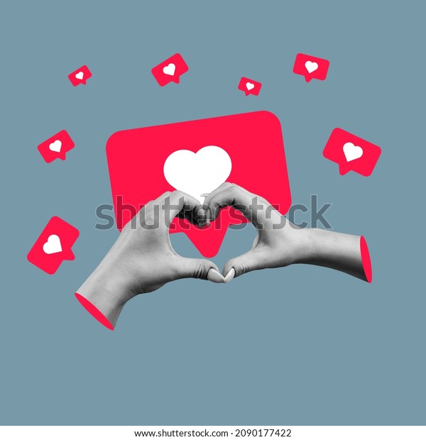 Social media like icons. Contemporary art collage of\
hands making heart shape isolated over gray background. Concept of\
social meadia addiction, popularity, influence, modern lifestyle\
and ad