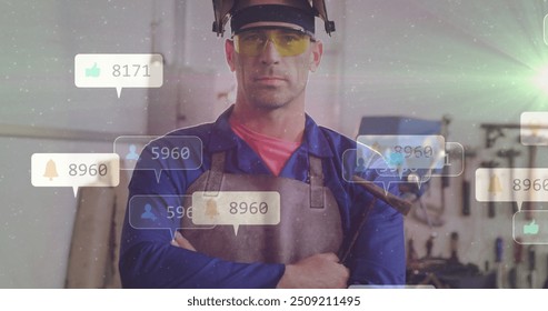 Social media likes and follower count image over industrial worker in workshop. Technology, followers, industry, factory, digital, engagement