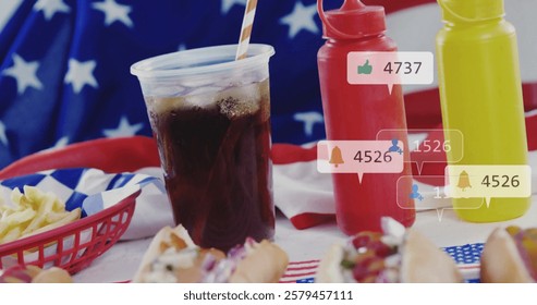 Social media likes and follower count image over hot dogs and American flag. followers, engagement, food, fast food, hotdog, patriotism - Powered by Shutterstock - Get 15% off with code: PIKWIZARD15