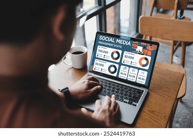 A social media manager analyzing engagement metrics on a dashboard close up, data analysis theme, realistic, blend mode, office desk backdrop - Powered by Shutterstock