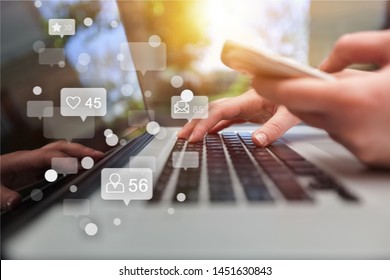 Social Media And Marketing Virtual Icons Screen Concept.close Up Of Businessman Typing Keyboard With Laptop Computer On Wooden Desk In Modern Office