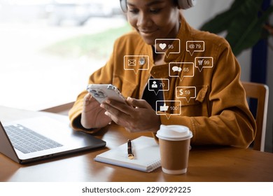 Social media and Marketing virtual icons screen concept. businesswoman typing keyboard tablet with laptop computer and smart phone - Shutterstock ID 2290929225