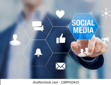 Social Media Network Community Manager Touching Icons About Reputation On Internet With Likes, Love, Messages, Shares And Viral Advertisement, Online Corporate Presence, Professional Business Person