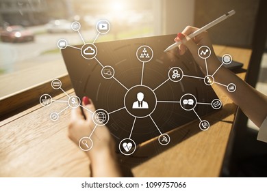 Social media network and marketing concept on virtual screen. Internet and business technology. SMM. - Shutterstock ID 1099757066