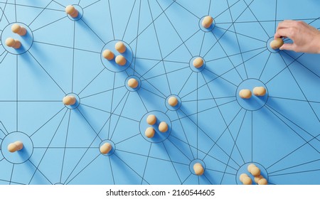 Social Media Networking. Network With Members Connected With Each Other. Group Of People. Communication, Teamwork, Community, Society. Abstract Concept With Wooden Pieces On Blue Background.