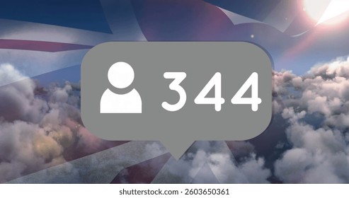 Social media notification icon with 344 followers over cloudy sky background. Network, digital, technology, communication, internet, online