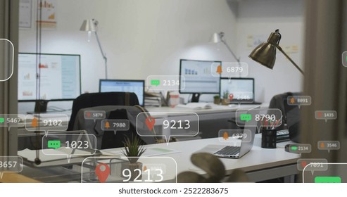 Social media notifications image over modern office workspace with computers. Technology, digital communication, alerts, online activity, productivity, corporate environment - Powered by Shutterstock