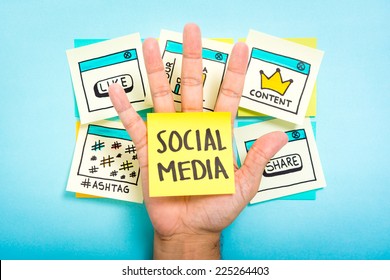 Social media on hand with blue background. Content marketing.