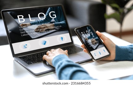 Social media online content, freelance worker, working online, content creator, woman using laptop, woman reading blog online on computer at home