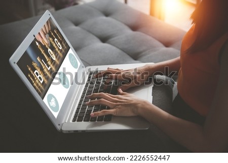 Social media online content, freelancer, work online, content creator, woman using laptop, woman reading online blog on company office computer