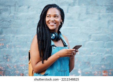 Social Media Phone, Music Headphones And Black Woman Thinking Of Motivation Going To University In City. African College Student With Vision For Future Listening To Podcast On Mobile In Canada