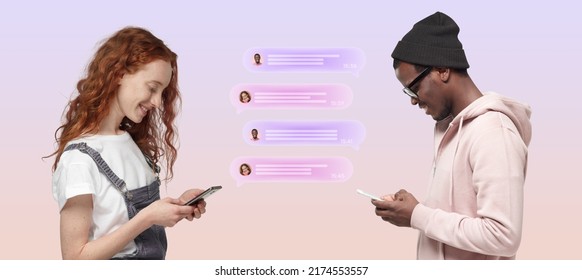 Social media and relationships concept. Diverse couple, ginger headed girl and black guy using phones sending and reading messages in text bubbles, standing against pink background facing each other