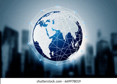 Social media with telecommunication technology, on abstract blurre cityscape background, Connected lines. telecommunication concept. Best Internet Concept. Mixed media