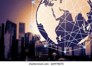 Social media with telecommunication technology, on cityscape background, Connected lines. telecommunication concept. Best Internet Concept. Mixed media