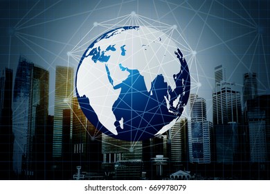 Social media with telecommunication technology, on cityscape background, Connected lines. telecommunication concept. Best Internet Concept. Mixed media