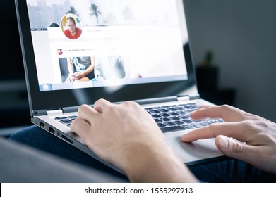 Social Media Website. Networking Site In Laptop Screen With Profile Photo, Shared Posts And Status Updates. Personal Branding Concept. Digital Communication Portal And Online Page. Friend Request.