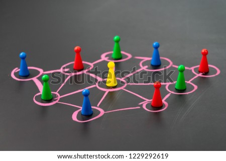Social network, connect or relation concept, game plastic figure on colorful pastel chalk line link and connect between multiple circles or tiers on dark blackboard.