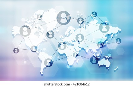 Social network with connected people icons on map. Blue background