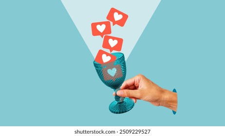 Social network dependency concept. The hand holding cocktail glass getting social media likes. Account get many network reactions notification