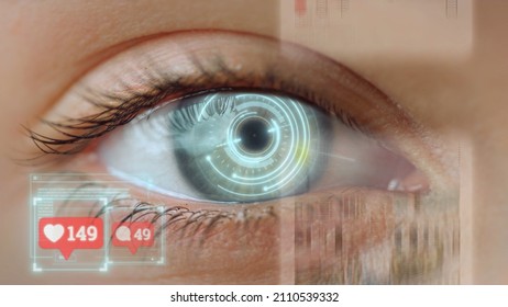 Social Network Eye Scanning Checking Feed Likes Collecting Analysing Memories. Macro Retinal Scan System Inspecting Personal Data Looking Web Photos. Futuristic Work Global Technologies Concept