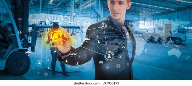 Social Network Interface businessman icon with distribution goods in warehousing by worker.
