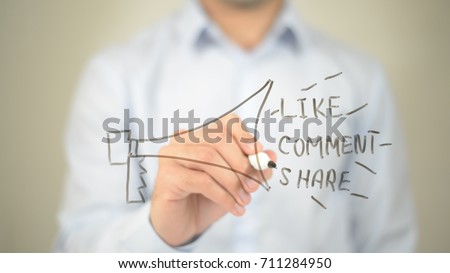 Social Network , Like Comment Share Concept, Man writing on transparent screen