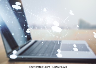 Social network media concept with modern computer on background. Double exposure