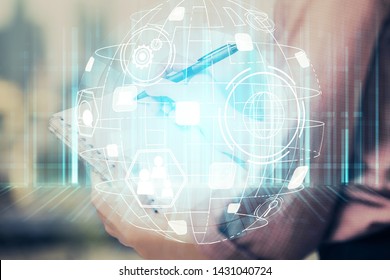 Social network theme hologram over hands taking notes background. Concept of global international people connect. Double exposure - Shutterstock ID 1431040724