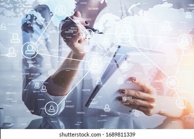 Social network theme hologram over woman's hands writing background. Concept of international people connect. Double exposure - Shutterstock ID 1689811339