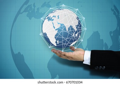 Social networking technologies . Mixed media. Hands of business man holding globe. concept of telecomunication, social media and network concept.