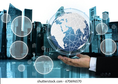 Social networking technologies on city scape background . Mixed media. Hands of business man holding globe. concept of telecommunicaion, social media concept. copy space for icon and ad.