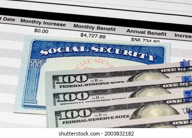 Social Security Card, benefits statement and 100 dollar bills. Social security funding, payment, retirement and federal government benefits concept - Shutterstock ID 2003832182